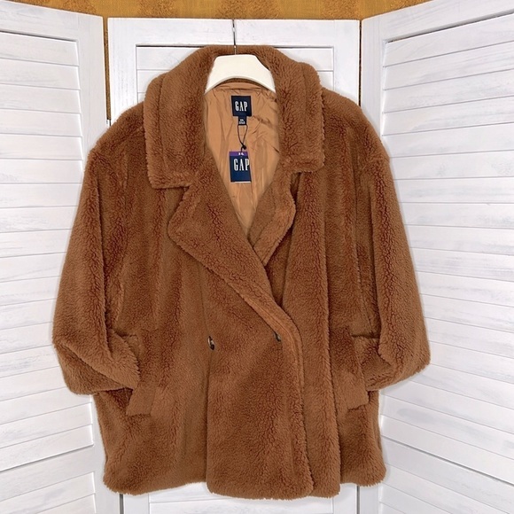 GAP l Sherpa Peacoat Jacket Holiday Brown Comfy Teddy Bear Fall Coat 2X Plu… - Picture 3 of 16